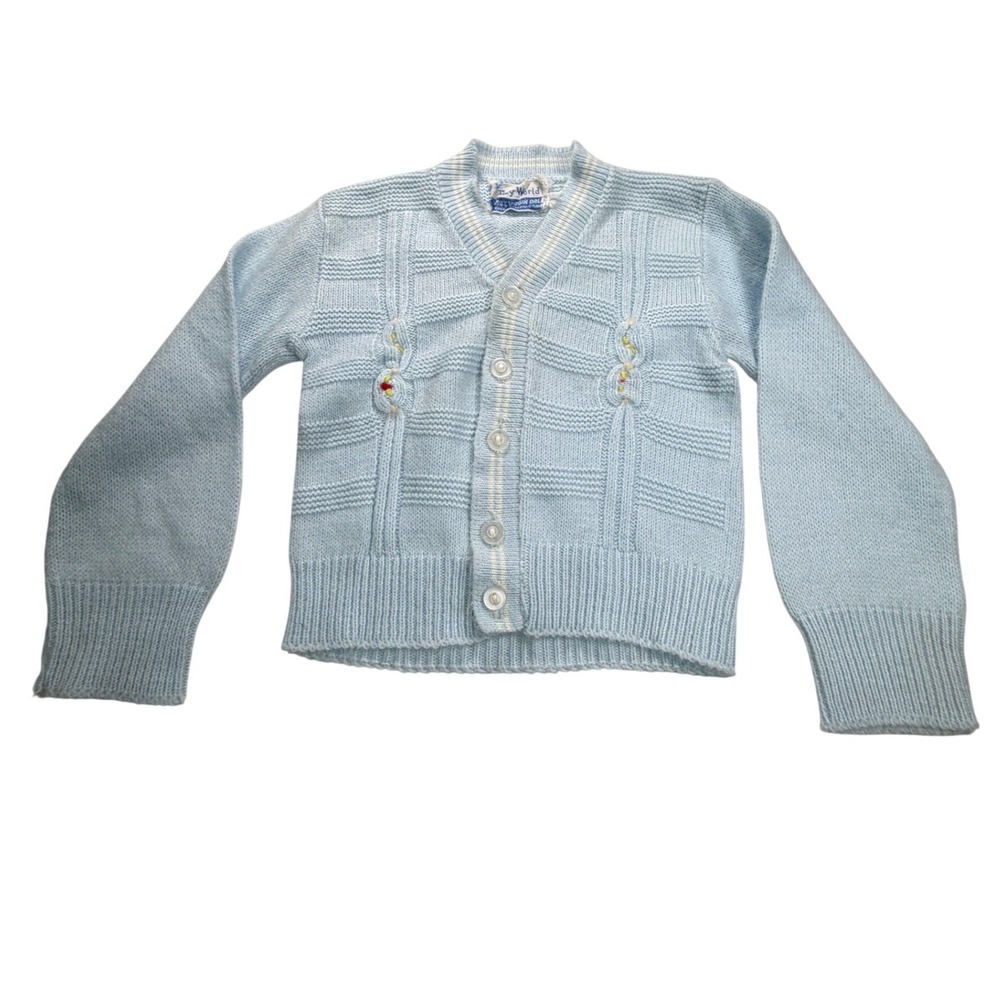 1950s-1960s Baby Blue Knit Cardigan Sweater Tiny World Embroidered Vintage